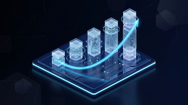 Rising financial growth chart with glowing circuit board patterns inside transparent glass bars on digital tablet as futuristic business data analysis and technology performance concept