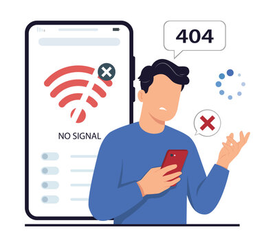 Isolated frustrated man with smartphone experiencing 404 error and no wifi signal flat illustration on transparent background.