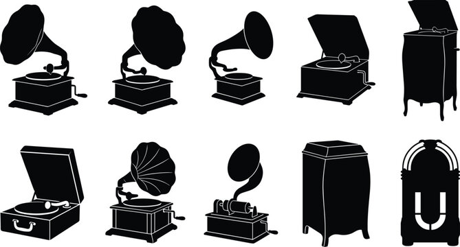 Vintage Phonograph and Gramophone Silhouette Vector Set Featuring Retro Record Players