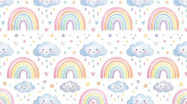 058 58 Seamless pattern of cute watercolor pastel rain Watercolor past