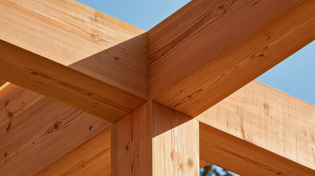 Modern mass timber structure with large laminated wood beam against clear blue sky
