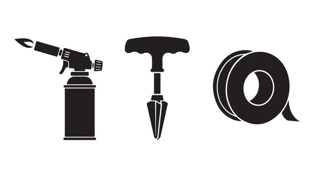 Torch, awl and tape black silhouette icons set isolated on white