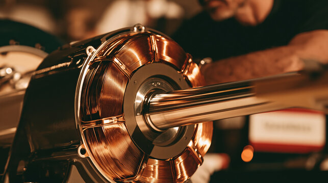 Precision electric motor rotor stator assembly showing copper winding and polished shaft in workshop