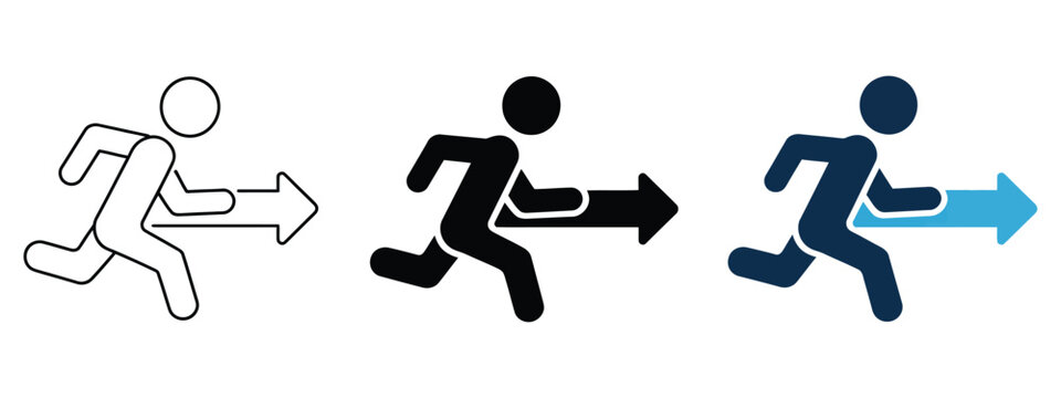 Emergency Exit Icons, evacuation sign symbols featuring a running figure and arrow for fire safety, emergency escape routes, hazard guidance, and buildings