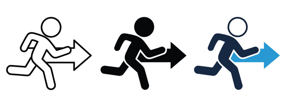 Emergency Exit Icons, running person and directional arrow symbols for evacuation routes, fire exits, safe passage, escape guidance, and building safety