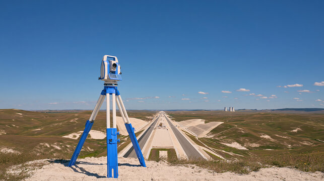 Surveying total station on tripod overlooking highway construction across open rural landscape under clear blue sky