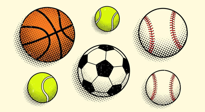 A vibrant and colorful array of patterned spheres and balls, featuring stripes and halftone dots in various sizes and hues.