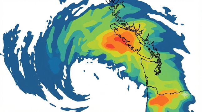 Meteorological weather map graphic with colorful temperature contour and radar data