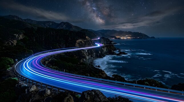 Stunning Milky Way over coastal highway light trails
