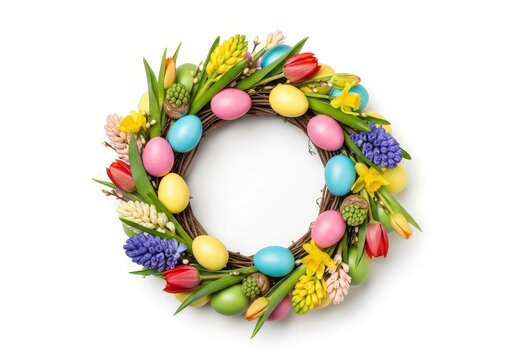 A beautiful spring Easter wreath featuring colorful pastel eggs and vibrant blooming flowers set against a clean white studio background, floral, colorful, design