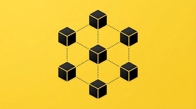 Blockchain network structure with interconnected black cubes on a yellow background