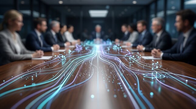 Business team in boardroom meeting observing futuristic digital data network visualization glowing on wooden table surface with abstract connection lines representing corporate collaboration strategy