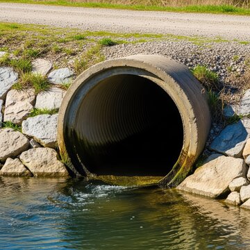 A large concrete culvert pipe runs beneath a rural pathway, efficiently directing a stream of fresh water through its dark round tunnel, masonry, culvert, bridge