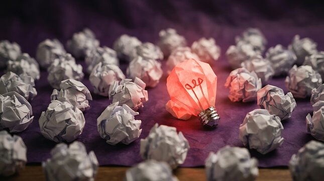 Glowing light bulb made of paper among crumpled paper balls representing a bright idea.
