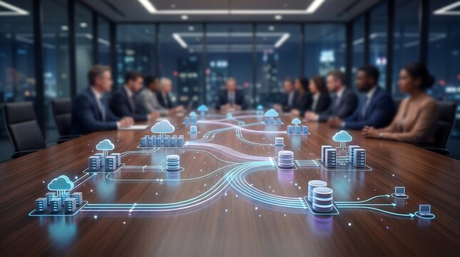 Corporate team in boardroom meeting using cloud computing data architecture hologram with server icons and digital pathways flowing across conference table for strategic analysis
