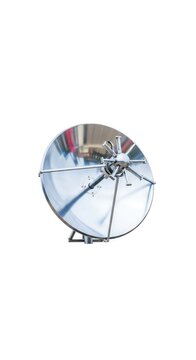 A modern metal satellite dish antenna isolated on a clean white background, designed for high-speed data transmission and global signal, orbit, infrastructure, waves
