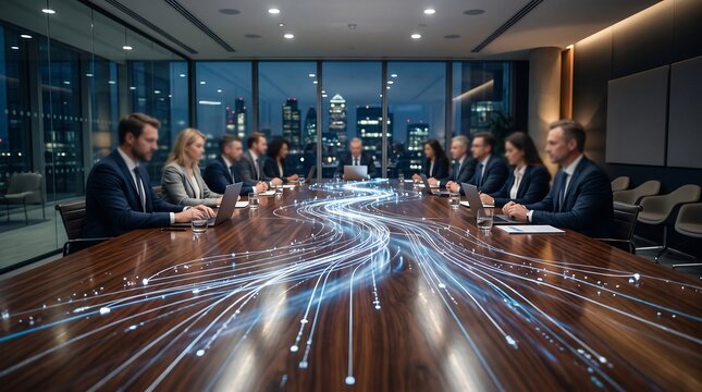 Business professionals collaborating in a modern office boardroom with a digital data stream visualization flowing across the table surface during a late night corporate strategy meeting