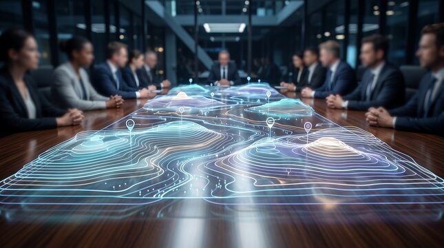 Corporate management team in a boardroom meeting reviewing a 3D topographic data visualization map projected onto the table surface for strategic land development and market analysis