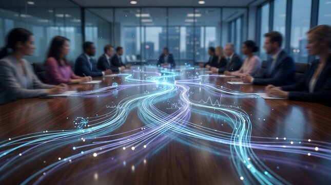 Professional business team in a corporate boardroom meeting using artificial intelligence network data visualization to discuss growth strategies and digital solutions for the future
