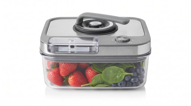 Vacuum sealed food container with fresh strawberries and spinach, airtight plastic storage box for meal prep, kitchen organization