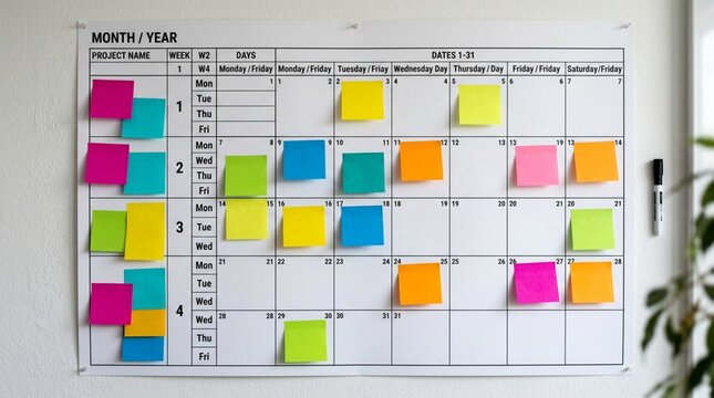 Wall planner calendar with blank colorful sticky notes attached to days, project management mockup on white wall with black marker pen, office organization planning concept