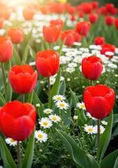 Obraz premium A vibrant array of colorful spring flowers blooms in a lush green garden under soft sunlight, featuring red tulips and white daisies, environment, nature, seasonal