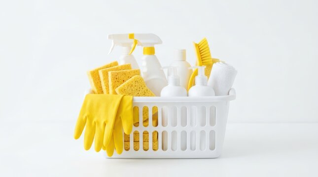 Cleaning supplies in a white basket with yellow rubber gloves and sponges isolated on white background
