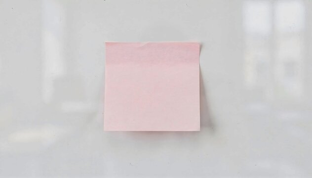 Single blank pink sticky note paper attached on white wall with soft daylight window shadow reflections, minimalist stationery office memo concept background, empty copy space template for text