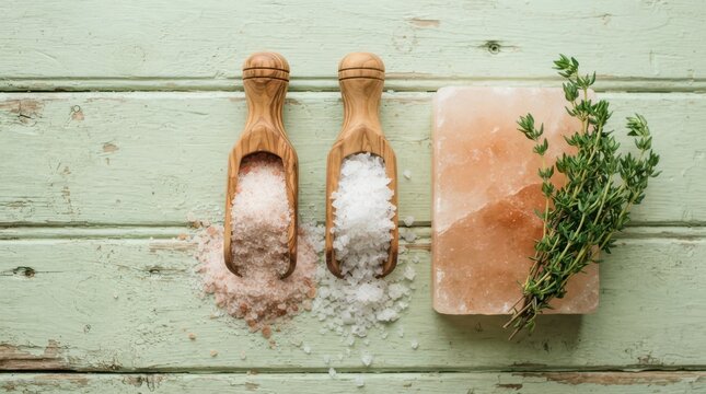 Himalayan salt and sea salt in wooden scoops with fresh thyme sprigs on a rustic light green wooden background