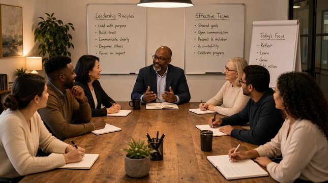 Diverse business team meeting with coach at wooden conference table, flipcharts showing leadership principles and effective teamwork, collaborative workplace discussion