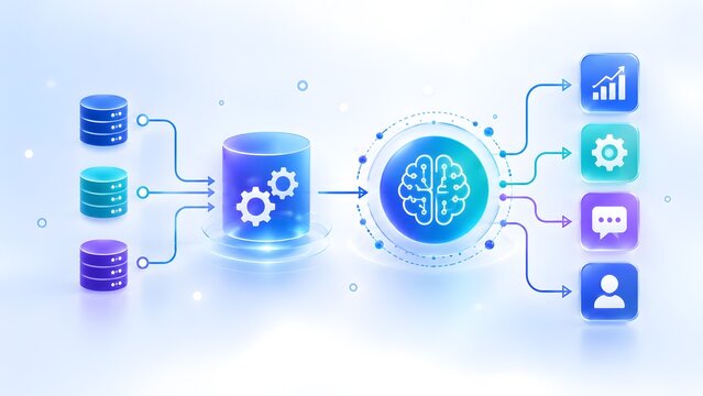 Digital workflow illustrating artificial intelligence processing database information into business analytics and user applications