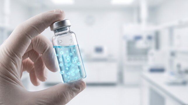 Scientist Holding a Glass Vial with Blue Fluorescent Molecular Serum in a Medical Laboratory Environment