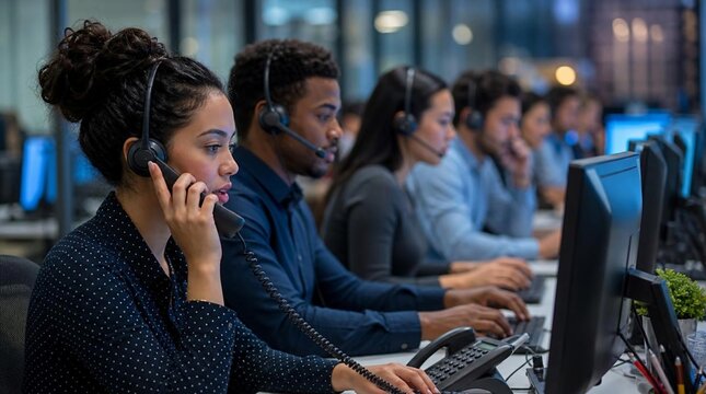 Diverse call center agents wearing headsets at adjoining desks, working late-night shifts at computer monitors, busy customer support team, focused representatives answering calls and typing