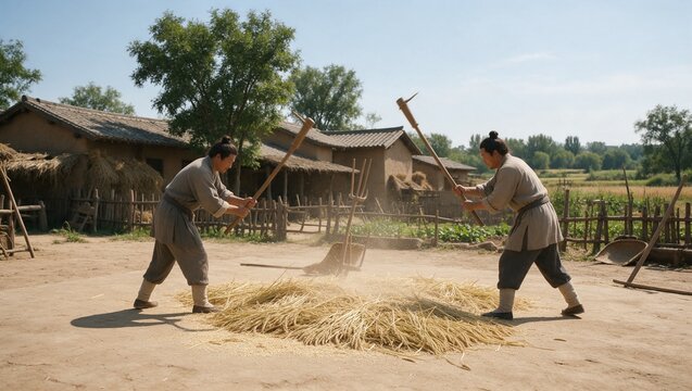 Tang Dynasty Farmers Threshing Grain with Flails