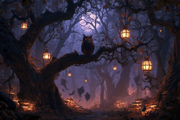 Obraz premium Magical Halloween night featuring owl on crooked tree with glowing lanterns and floating ghost figures in dark forest