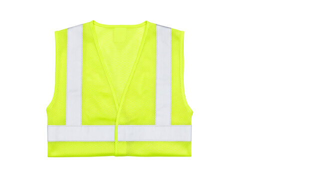 Fluorescent yellow safety vest with reflective silver stripes, high visibility construction waistcoat, industrial protective gear isolated PNG with Transparent Background