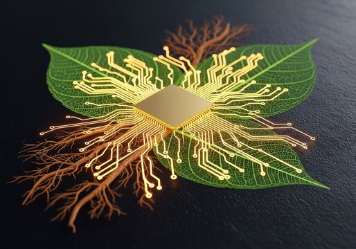 Golden digital circuits intertwine with delicate organic leaf veins and roots, creating a luminous fusion of high technology and nature, cyber, abstract, leaf