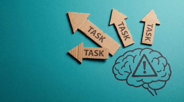 Cardboard task arrows pointing away from brain with warning sign