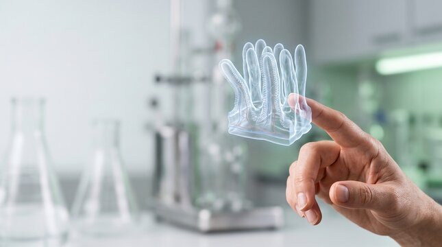 Scientist Interacting With A Digital Three Dimensional Holographic Glove Model In A Modern Research Laboratory