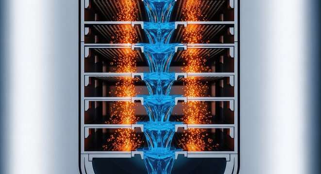 Industrial cross-section of a distillation column showing liquid flowing over perforated trays and bubbles of gas rising through the fluid, flow, diagram, gas