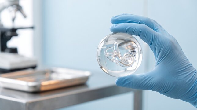 Scientist Examining Transparent Gel Sample in Laboratory Setting Using Protective Blue Gloves for Research