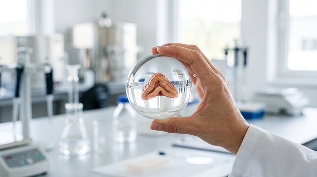 Scientist Holding Glass Sphere Reflecting Hands in Modern Research Laboratory Environment