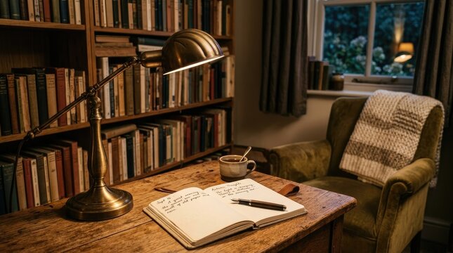 A warm, inviting study scene features a brass desk lamp illuminating an open notebook and pen on a wooden desk. A mug of coffee sits beside the notebook.