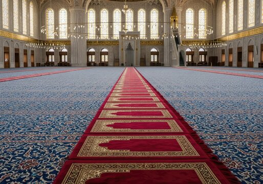 Rows of prayer mats arranged on an ornate carpet inside a majestic mosque during the holy month of ramadan for evening spiritual devotion, islamic, eid, arches