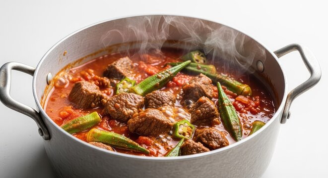 Savory stew with tender beef chunks and fresh green okra simmering in a rich tomato sauce, bubbling gently in a rustic metal cooking pot, culinary, tomato, stew