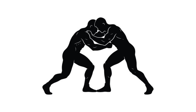 Powerful black silhouette of two professional wrestlers clenching in a tight grappling position on a white background.