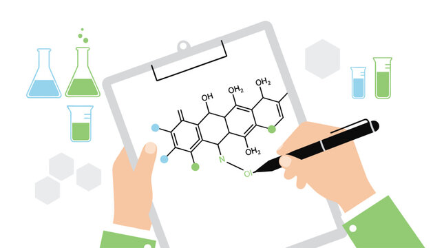Close-up of a scientist hand drawing a complex chemical structural formula on a clipboard with laboratory glassware.