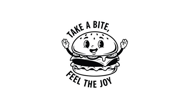 Vintage style cartoon burger badge sticker with text encouraging to take a bite and feel the joy in bold letters.