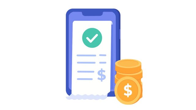 3D Mobile Payment Success Concept with Smartphone Screen Bill Receipt and Gold Coins Stack Vector Illustration