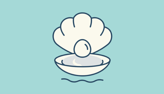 Cute cartoon style illustration of an open oyster shell revealing a shiny white pearl inside on a blue backdrop.